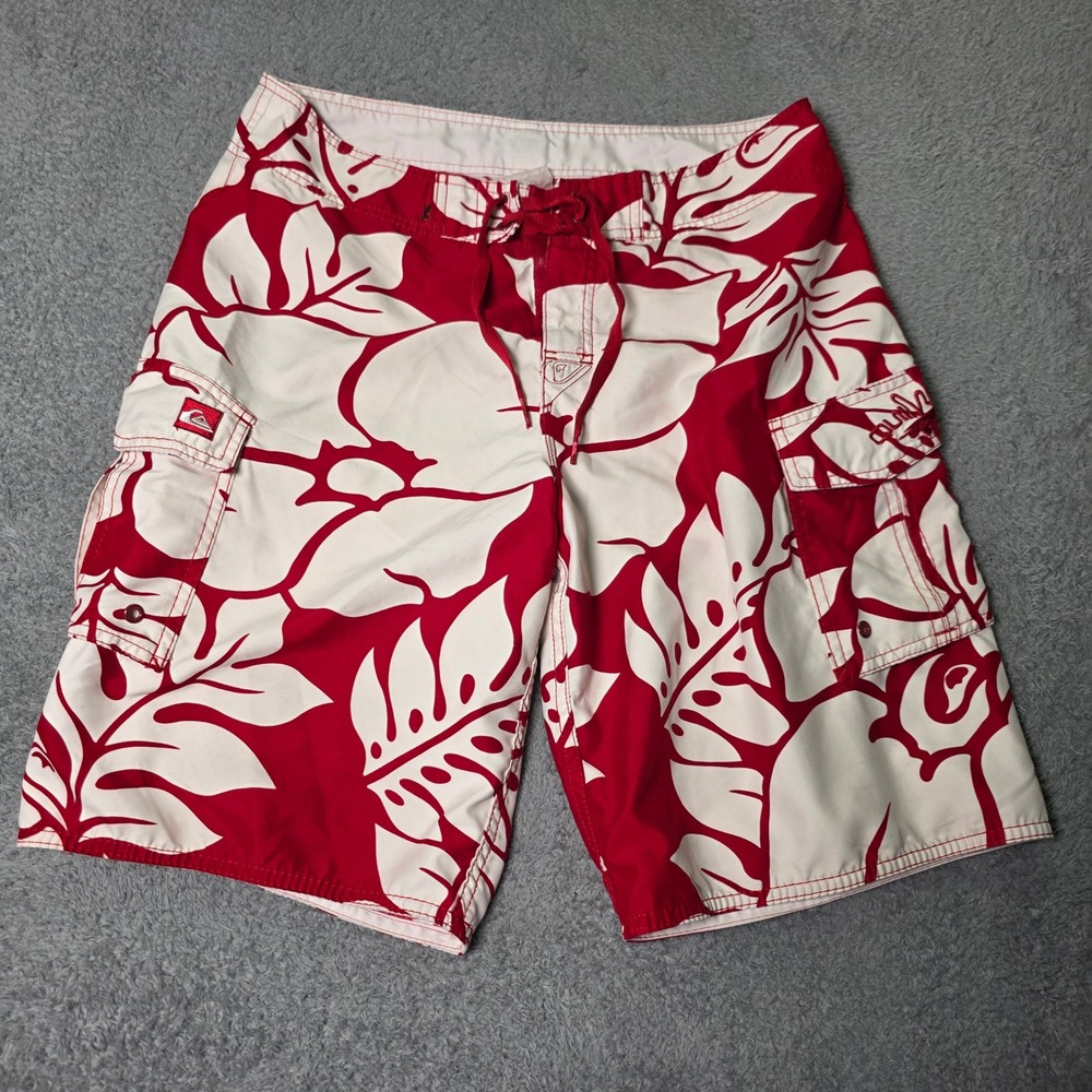 Quiksilver Mens 34 Board Shorts Red White Floral Tropical Cargo Swim Trunks